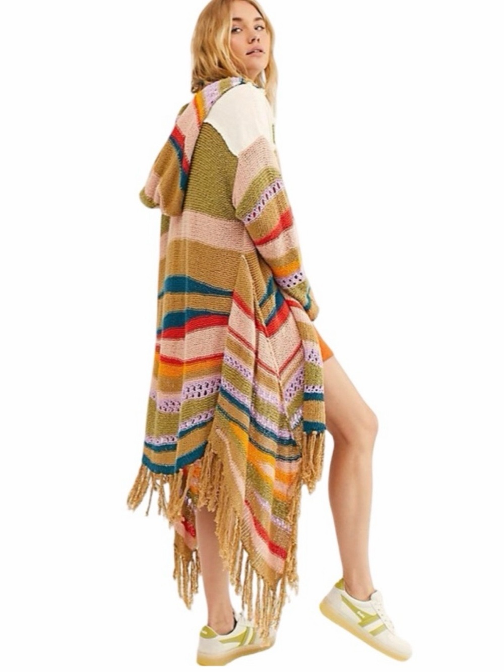 Free People - Multicolor Striped Hooded Fringe Open Cardigan